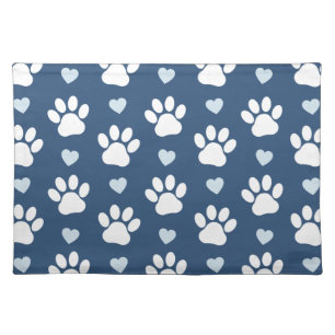 Pattern Of Paws, Dog Paws, White Paws, Blue Hearts Cloth Placemat