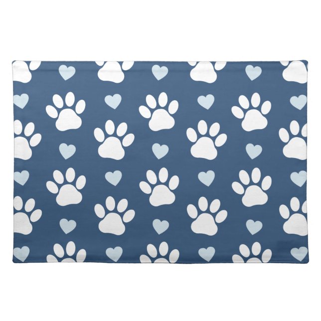 Pattern Of Paws, Dog Paws, White Paws, Blue Hearts Cloth Placemat (Front)