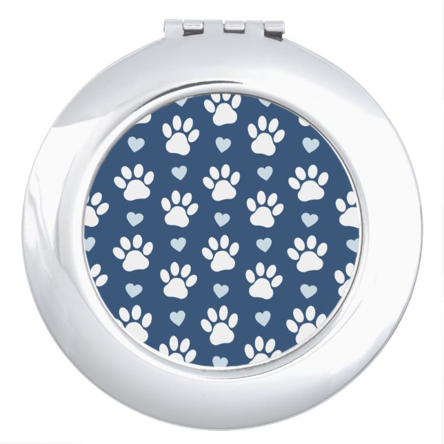 Pattern Of Paws, Dog Paws, White Paws, Blue Hearts Compact Mirror (Front)