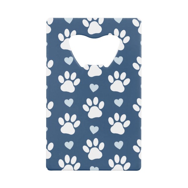 Pattern Of Paws, Dog Paws, White Paws, Blue Hearts Credit Card Bottle Opener (Front)