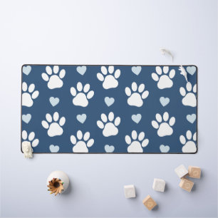 Pattern Of Paws, Dog Paws, White Paws, Blue Hearts Desk Mat
