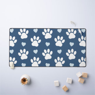 Pattern Of Paws, Dog Paws, White Paws, Blue Hearts Desk Mat