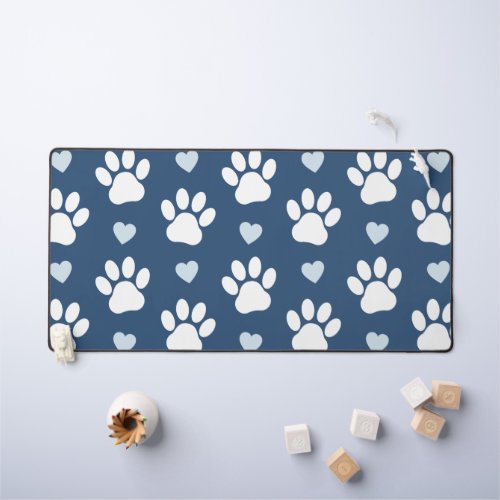 Pattern Of Paws Dog Paws White Paws Blue Hearts Desk Mat