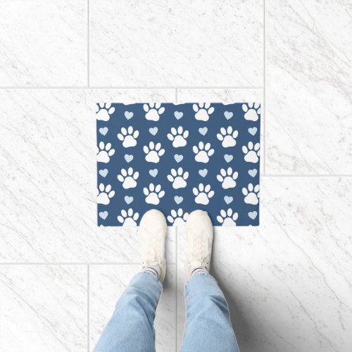 Pattern Of Paws Dog Paws White Paws Blue Hearts Doormat