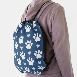 Pattern Of Paws, Dog Paws, White Paws, Blue Hearts Drawstring Bag