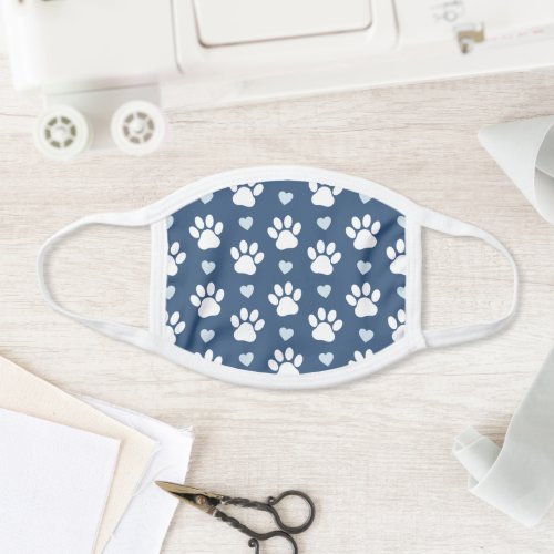 Pattern Of Paws Dog Paws White Paws Blue Hearts Face Mask