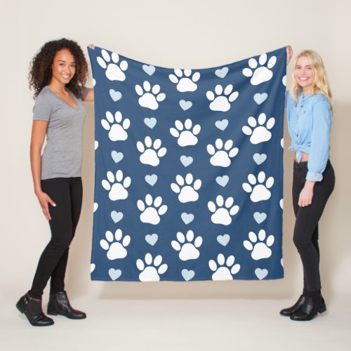 Pattern Of Paws Dog Paws White Paws Blue Hearts Fleece Blanket