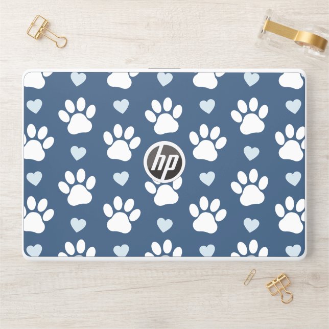 Pattern Of Paws, Dog Paws, White Paws, Blue Hearts HP Laptop Skin (Desk)