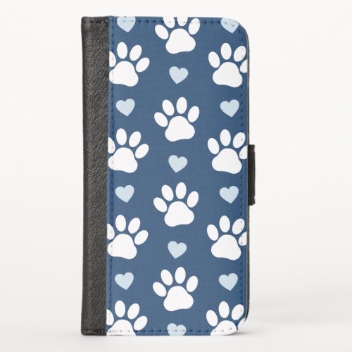 Pattern Of Paws Dog Paws White Paws Blue Hearts iPhone X Wallet Case