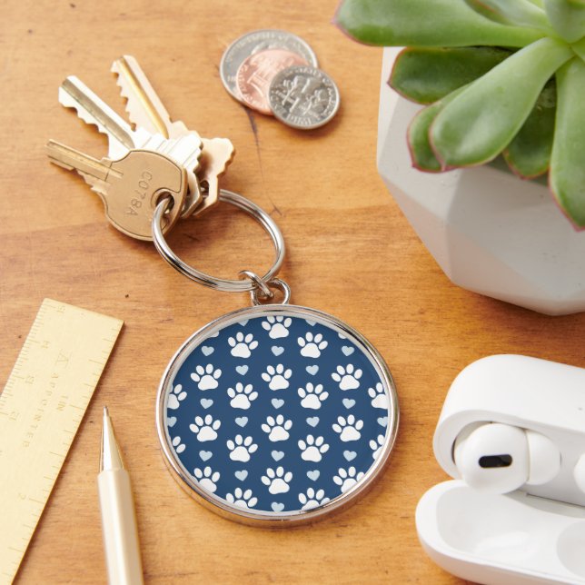 Pattern Of Paws, Dog Paws, White Paws, Blue Hearts Keychain (Desk)