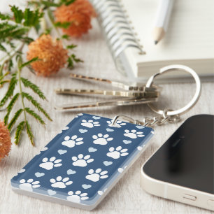 Pattern Of Paws, Dog Paws, White Paws, Blue Hearts Keychain