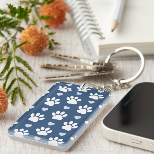 Pattern Of Paws Dog Paws White Paws Blue Hearts Keychain