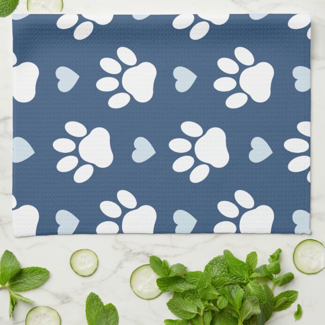 Pattern Of Paws, Dog Paws, White Paws, Blue Hearts Kitchen Towel (Folded)