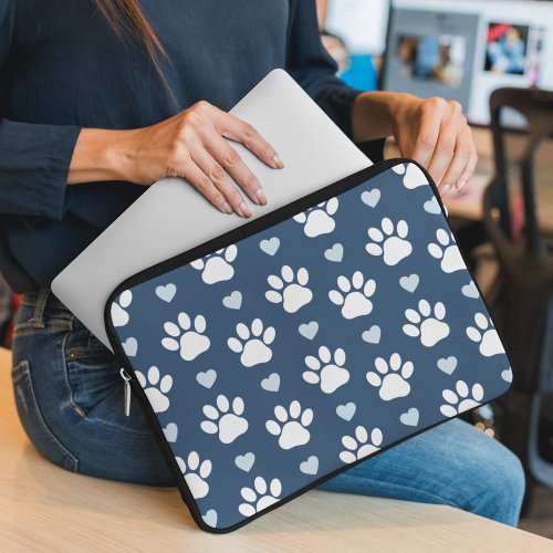 Pattern Of Paws Dog Paws White Paws Blue Hearts Laptop Sleeve