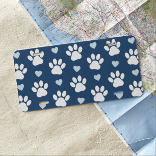 Pattern Of Paws, Dog Paws, White Paws, Blue Hearts License Plate
