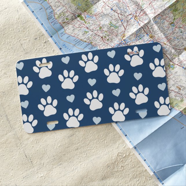 Pattern Of Paws, Dog Paws, White Paws, Blue Hearts License Plate (In Situ)