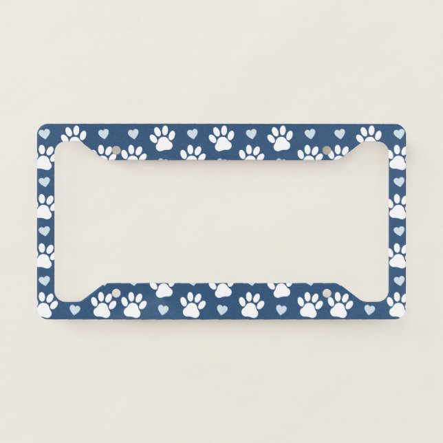 Pattern Of Paws, Dog Paws, White Paws, Blue Hearts License Plate Frame (Front)