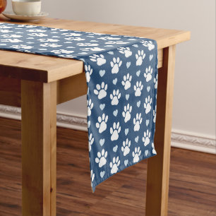 Pattern Of Paws, Dog Paws, White Paws, Blue Hearts Medium Table Runner