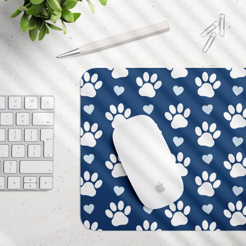Pattern Of Paws Dog Paws White Paws Blue Hearts Mouse Pad
