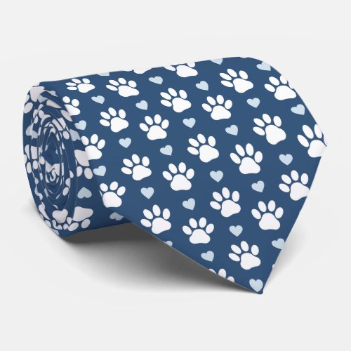 Pattern Of Paws Dog Paws White Paws Blue Hearts Neck Tie