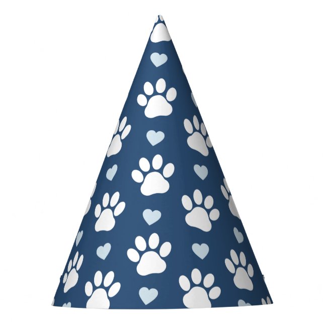 Pattern Of Paws, Dog Paws, White Paws, Blue Hearts Party Hat (Front)