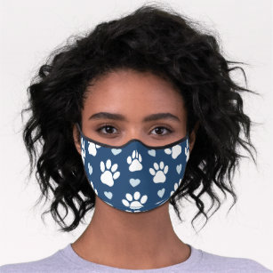 Pattern Of Paws, Dog Paws, White Paws, Blue Hearts Premium Face Mask
