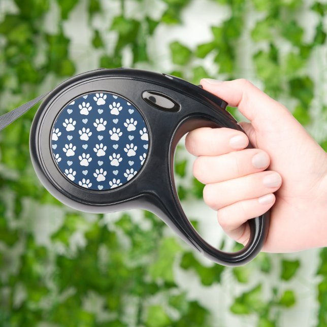 Pattern Of Paws, Dog Paws, White Paws, Blue Hearts Retractable Pet Leash (Hand)