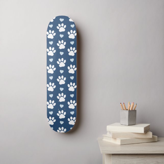 Pattern Of Paws, Dog Paws, White Paws, Blue Hearts Skateboard (Wall Art)
