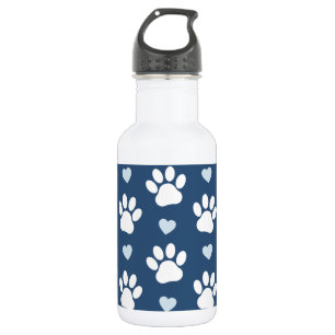 Pattern Of Paws, Dog Paws, White Paws, Blue Hearts Stainless Steel Water Bottle