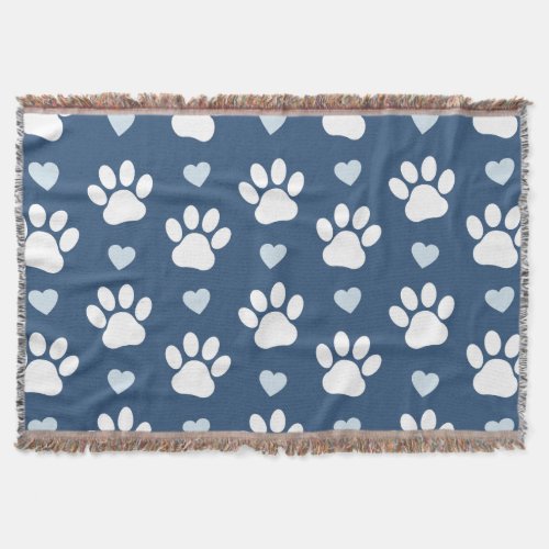 Pattern Of Paws Dog Paws White Paws Blue Hearts Throw Blanket