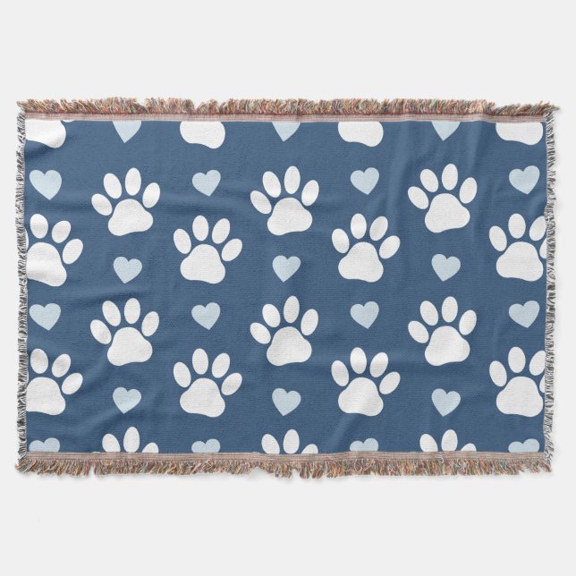 Pattern Of Paws, Dog Paws, White Paws, Blue Hearts Throw Blanket (Front)