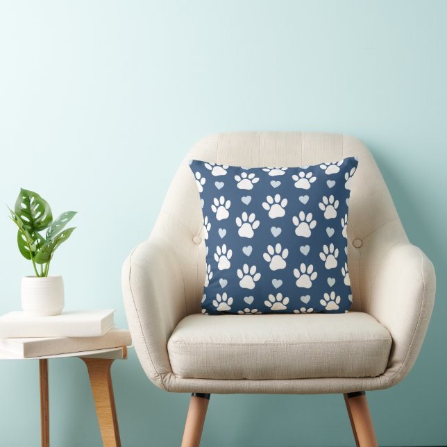 Pattern Of Paws, Dog Paws, White Paws, Blue Hearts Throw Pillow (Chair)