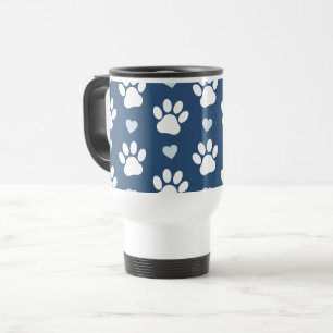 Pattern Of Paws, Dog Paws, White Paws, Blue Hearts Travel Mug