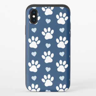 Pattern Of Paws, Dog Paws, White Paws, Blue Hearts iPhone X Slider Case