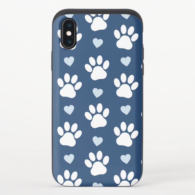 Pattern Of Paws, Dog Paws, White Paws, Blue Hearts Uncommon iPhone Case (Back)
