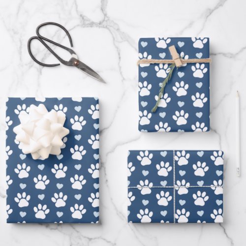 Pattern Of Paws Dog Paws White Paws Blue Hearts Wrapping Paper Sheets