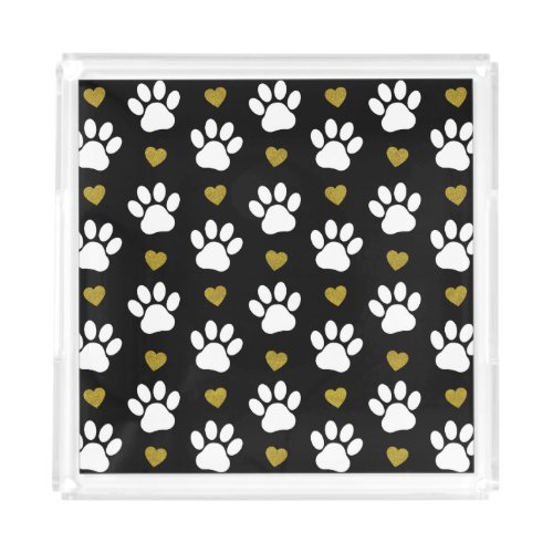 Pattern Of Paws Dog Paws White Paws Gold Hearts Acrylic Tray