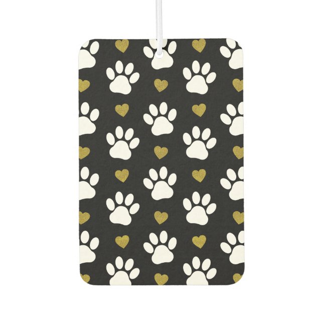 Pattern Of Paws, Dog Paws, White Paws, Gold Hearts Air Freshener (Front)