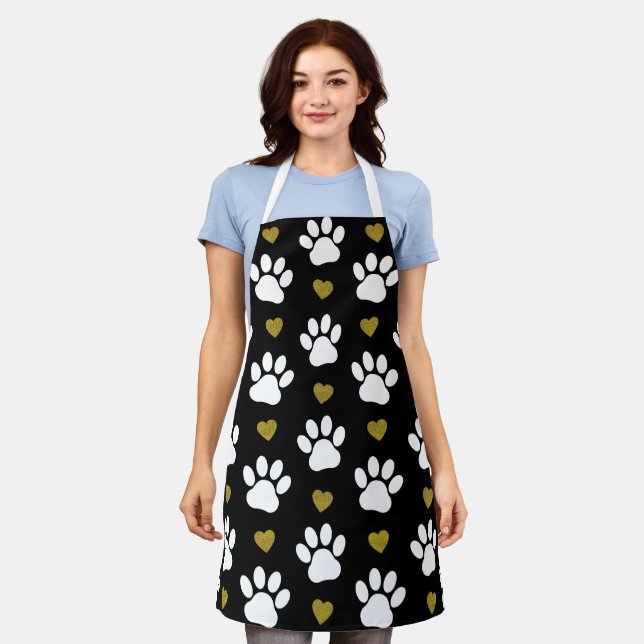 Pattern Of Paws, Dog Paws, White Paws, Gold Hearts Apron (Worn)