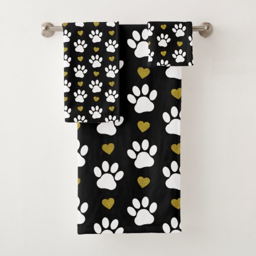 Pattern Of Paws Dog Paws White Paws Gold Hearts Bath Towel Set