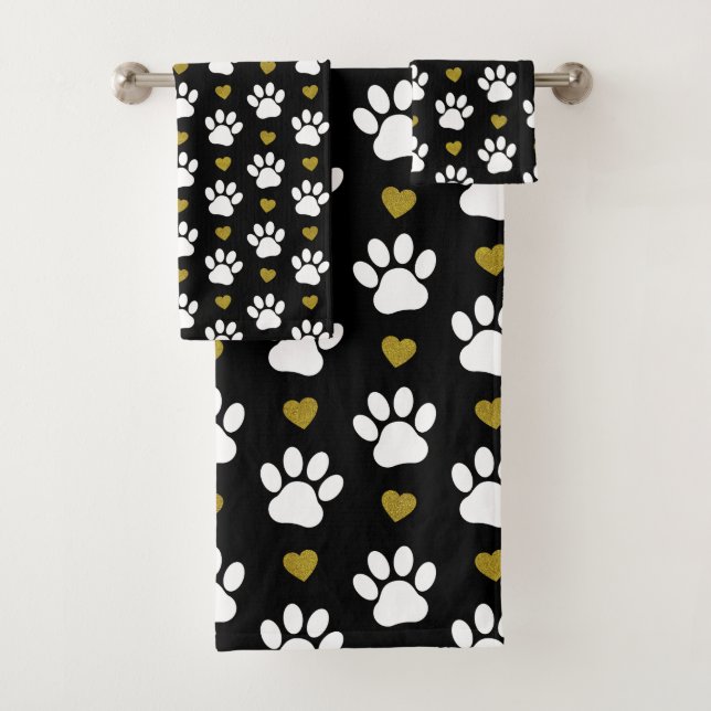 Pattern Of Paws, Dog Paws, White Paws, Gold Hearts Bath Towel Set (Insitu)