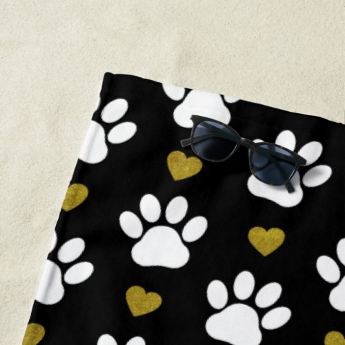 Pattern Of Paws Dog Paws White Paws Gold Hearts Beach Towel