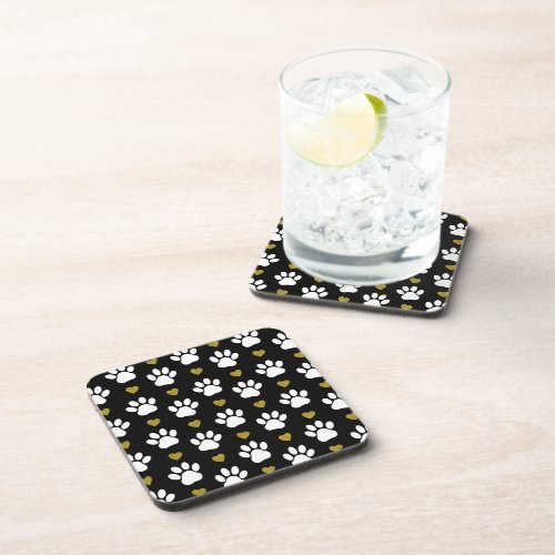 Pattern Of Paws Dog Paws White Paws Gold Hearts Beverage Coaster