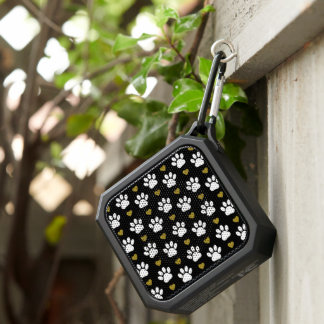 Pattern Of Paws, Dog Paws, White Paws, Gold Hearts Bluetooth Speaker