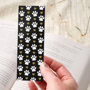 Pattern Of Paws, Dog Paws, White Paws, Gold Hearts Bookmarks
