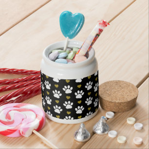 Pattern Of Paws, Dog Paws, White Paws, Gold Hearts Candy Jar