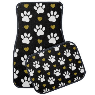 Pattern Of Paws, Dog Paws, White Paws, Gold Hearts Car Floor Mat