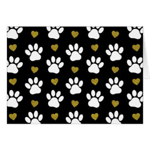 Pattern Of Paws, Dog Paws, White Paws, Gold Hearts Cards