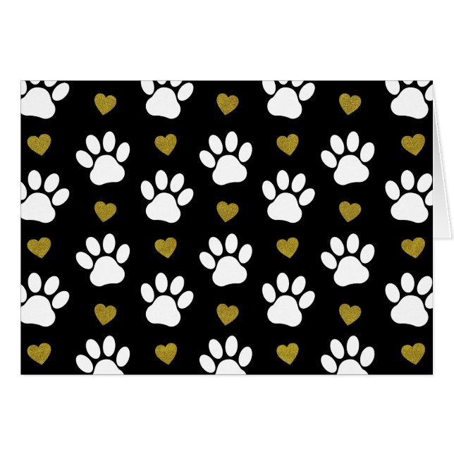Pattern Of Paws, Dog Paws, White Paws, Gold Hearts Cards (Front Horizontal)