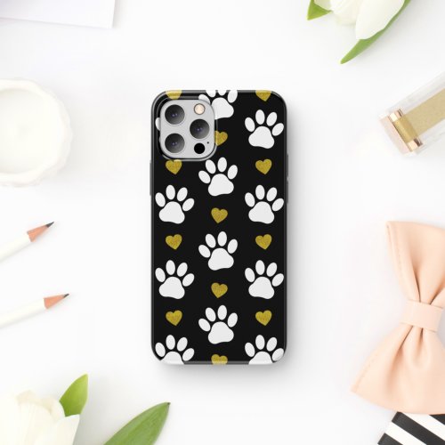 Pattern Of Paws Dog Paws White Paws Gold Hearts iPhone 11 Case